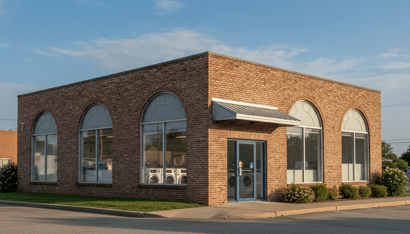A standalone laundromat building with parking