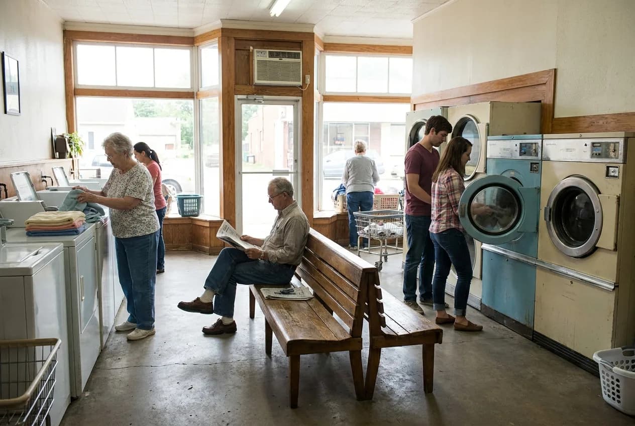 Steady stream of everyday customers using a neighborhood self-service laundromat