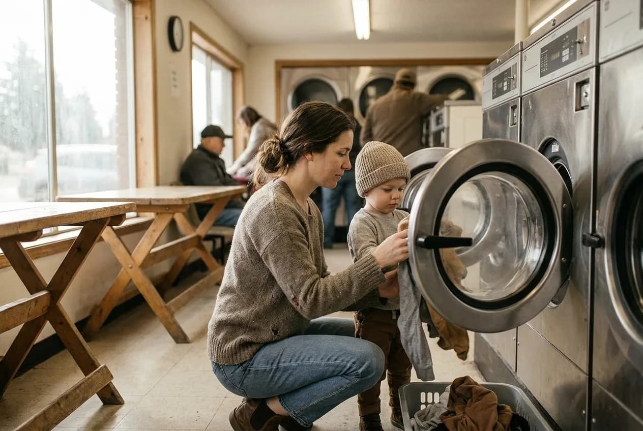 Family loading a shared laundromat washer during ordinary weekday use