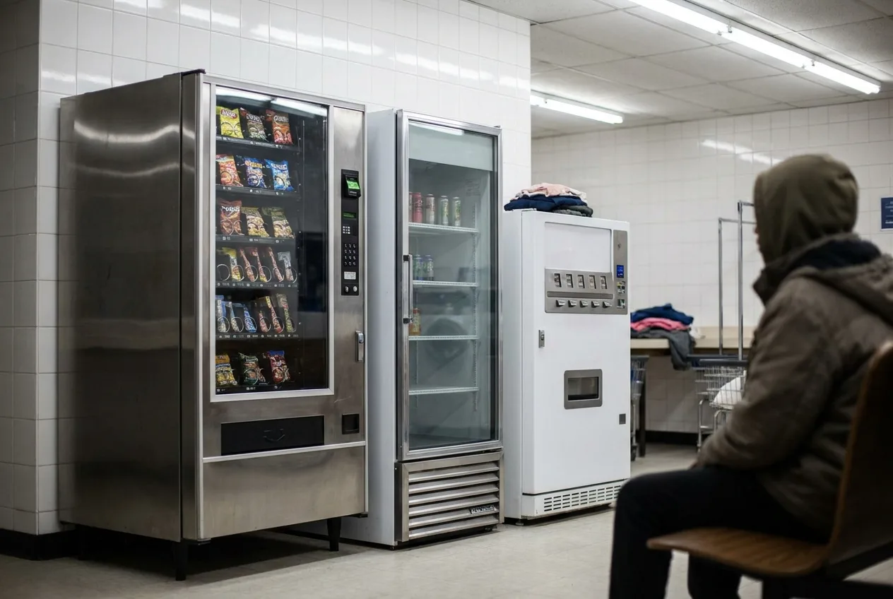 Row of vending machines along a laundromat wall near waiting seating