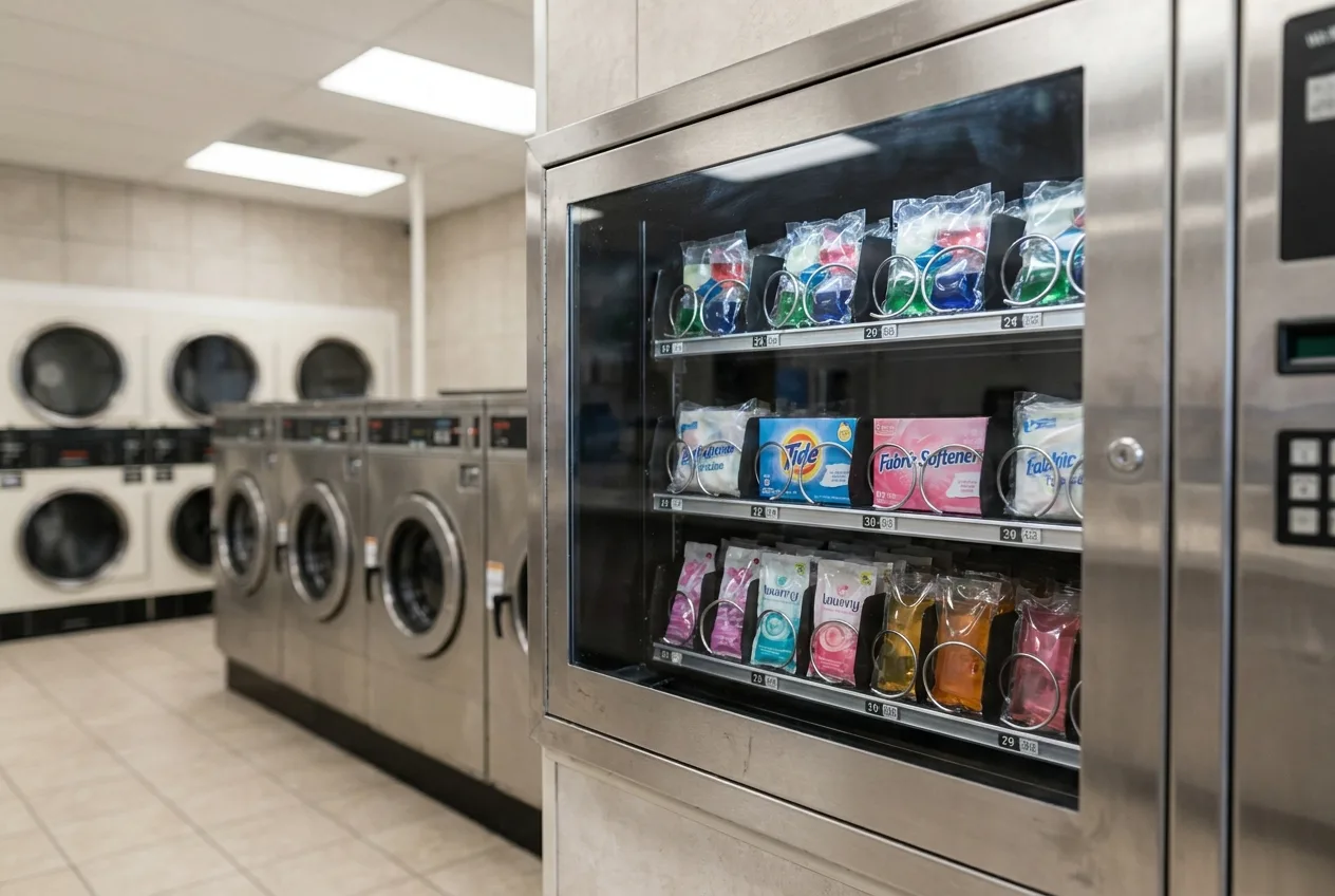 Close view of a soap and laundry product vending machine with single-load products