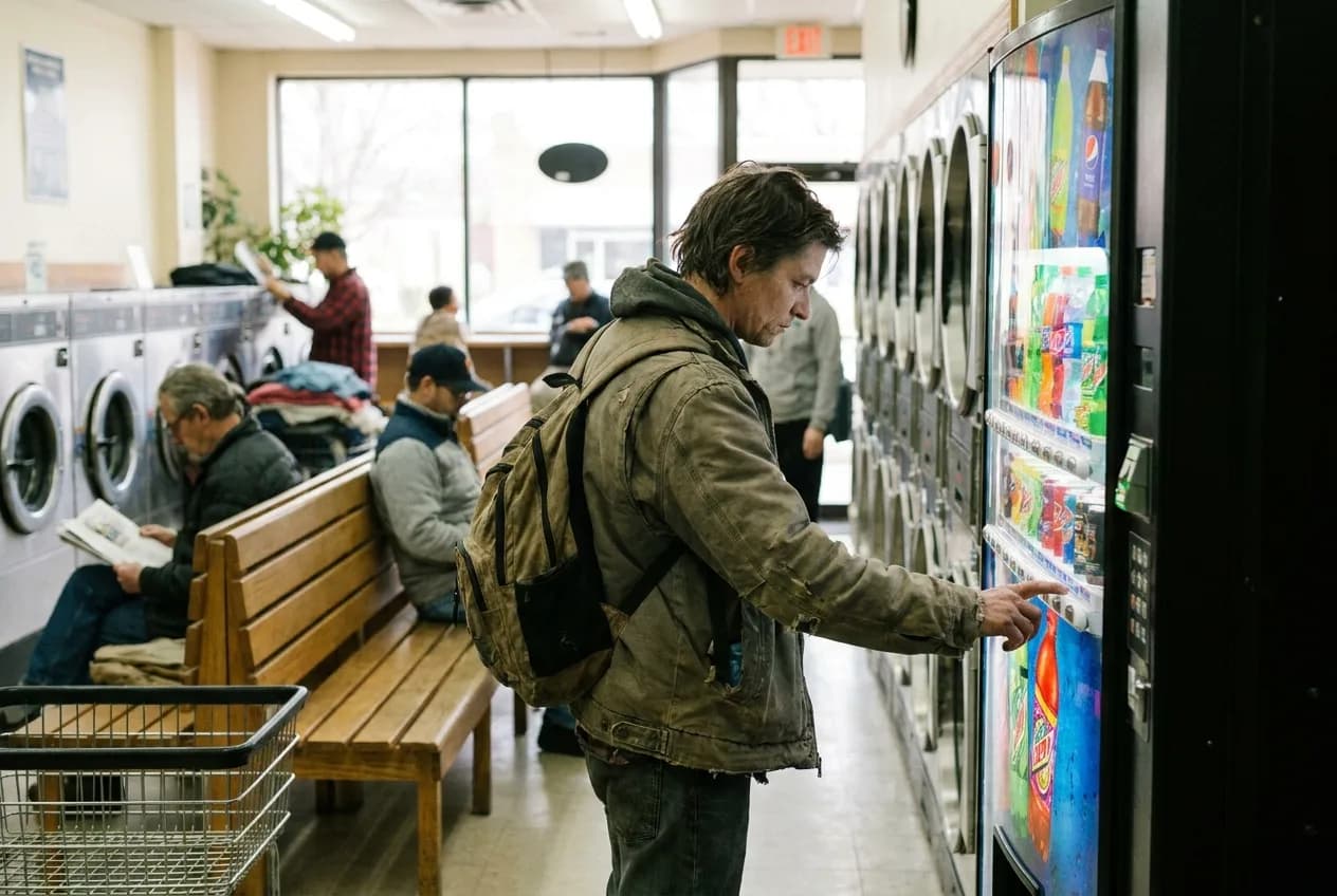 Customer selecting a drink from a vending machine while waiting in a laundromat