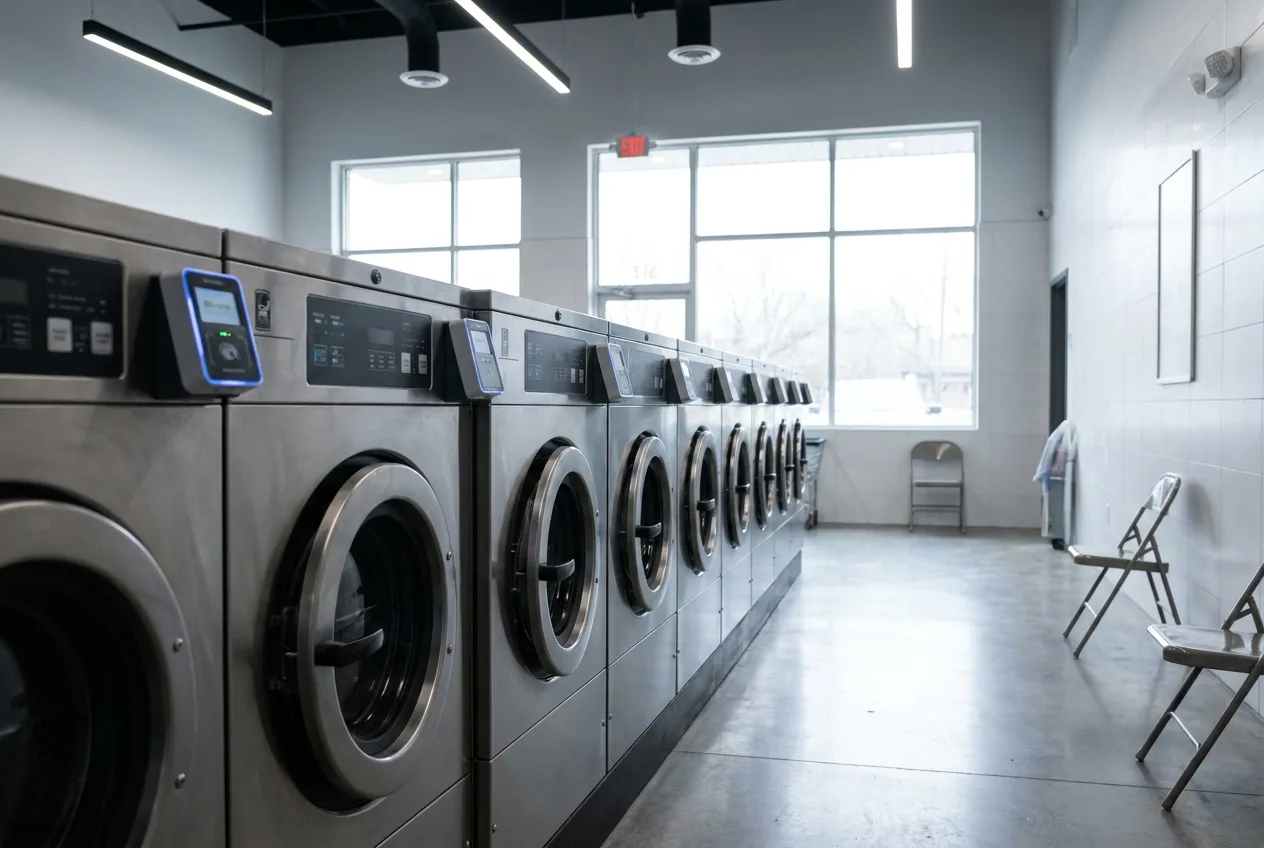Row of commercial washers fitted with card readers in a modern laundromat
