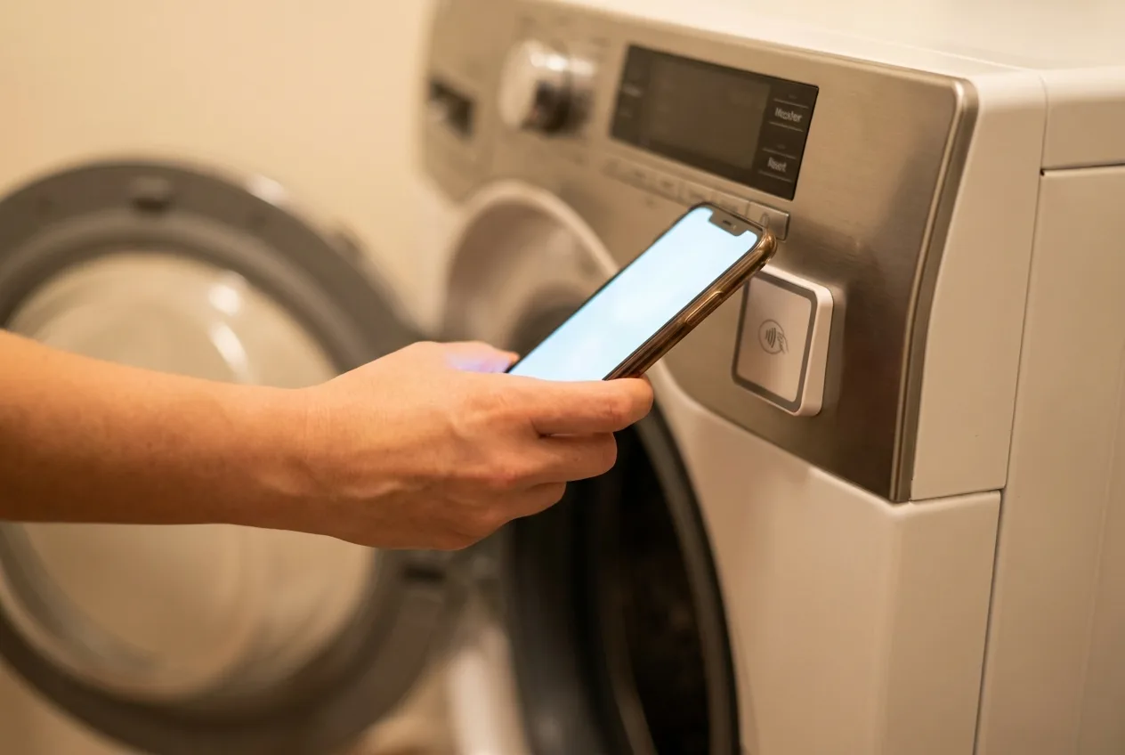 Customer tapping a phone against a washer payment reader