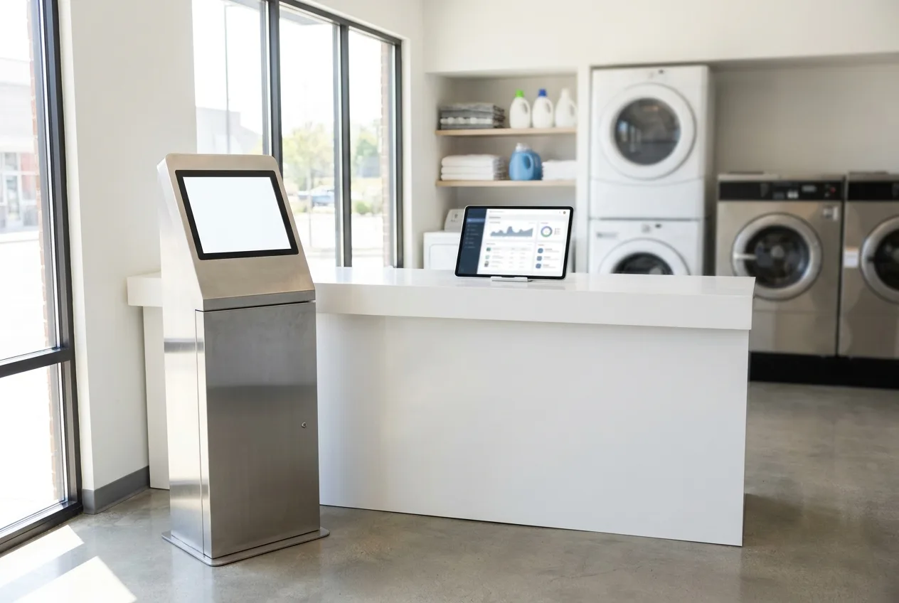 Value-loading kiosk and a management tablet at a laundromat service counter