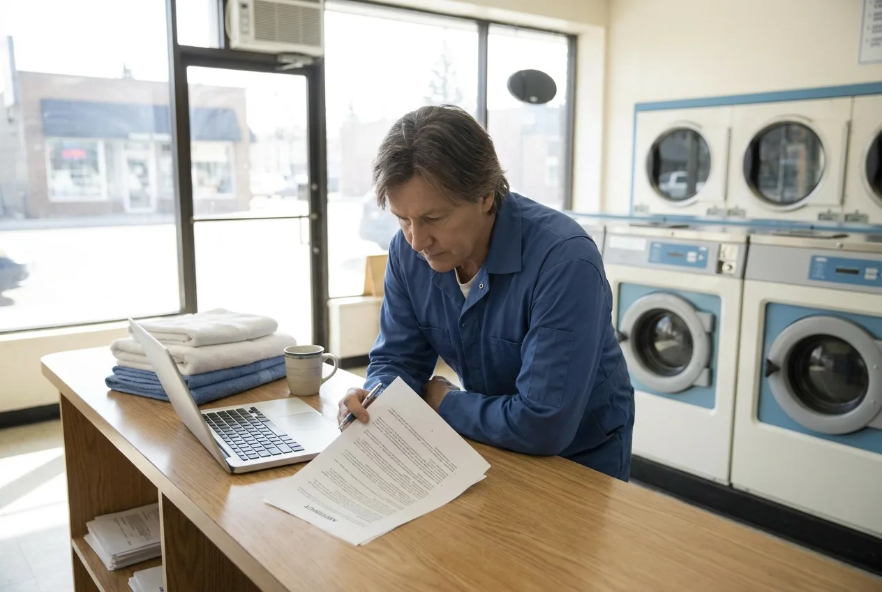 Laundromat owner reviewing a printed commercial laundry agreement at the counter