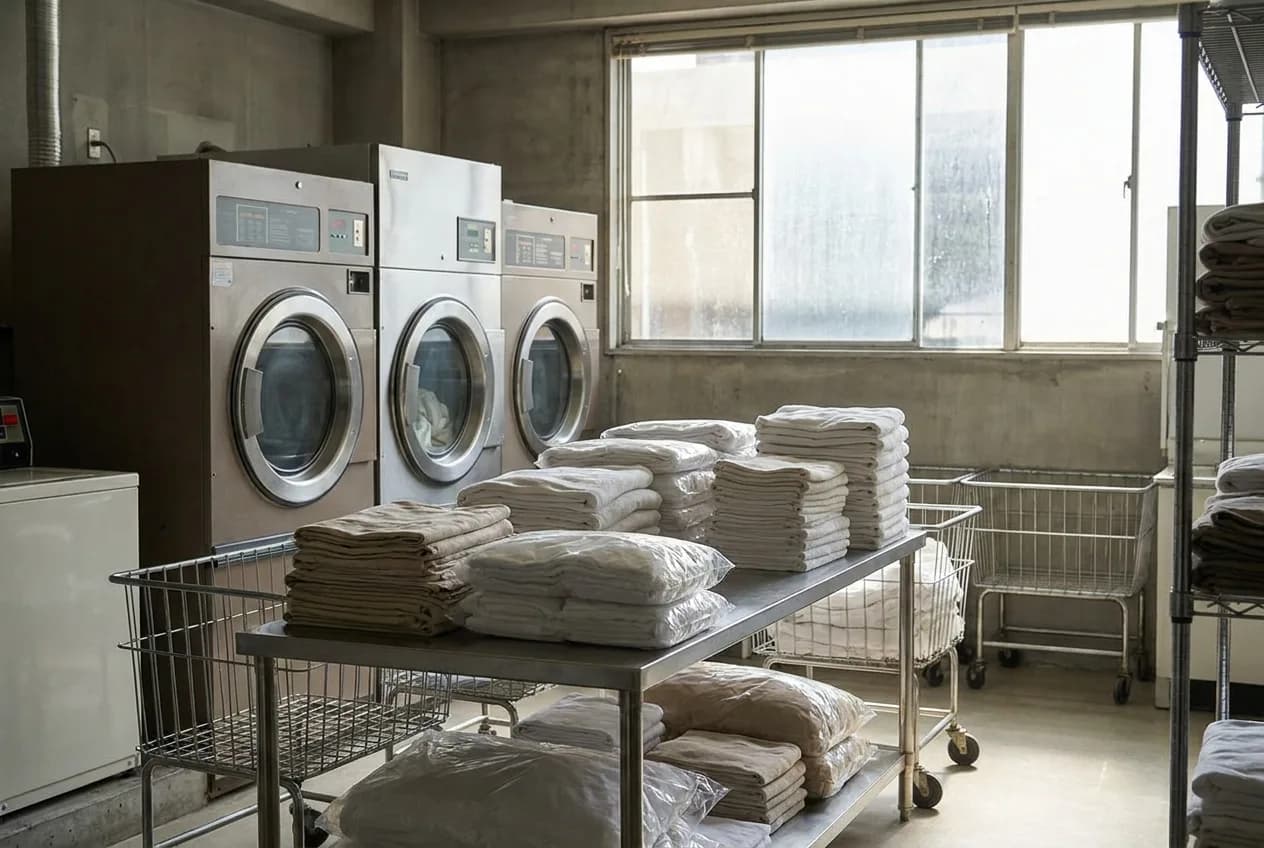 Stacks of clean folded commercial linens staged for delivery in a laundromat back room