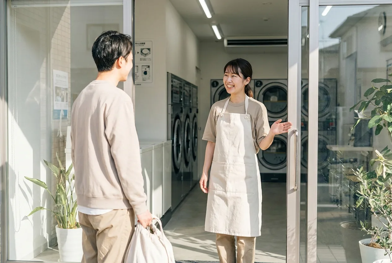 Laundromat attendant greeting a customer near the entrance of a tidy store