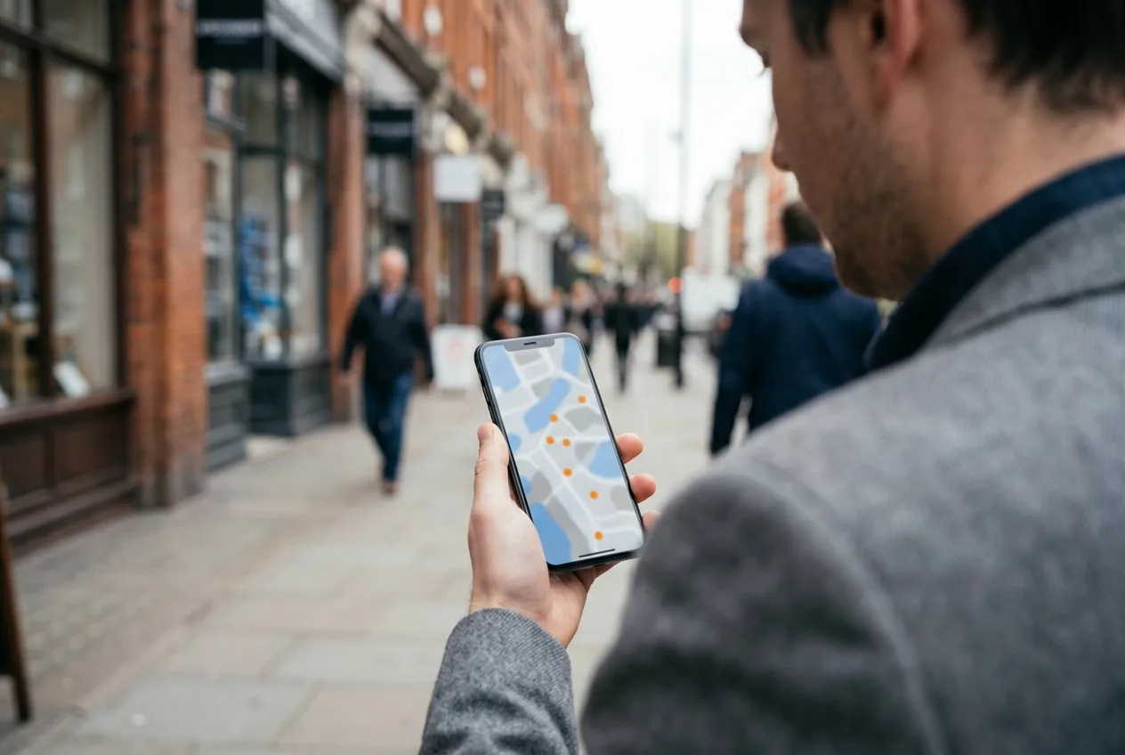 A person using a phone to find a nearby laundromat on a map search