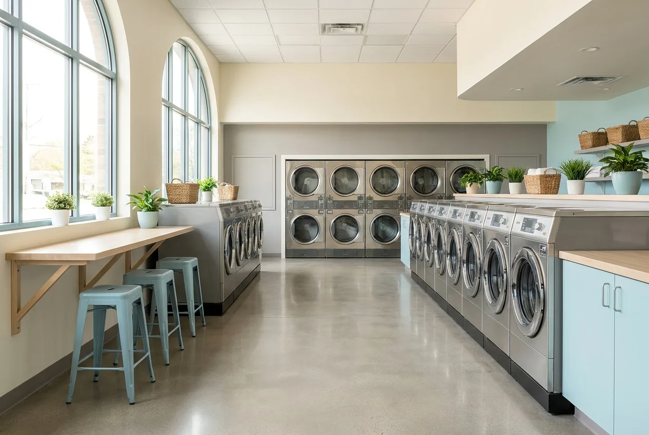 A clean laundromat interior photographed in bright natural light for a profile listing