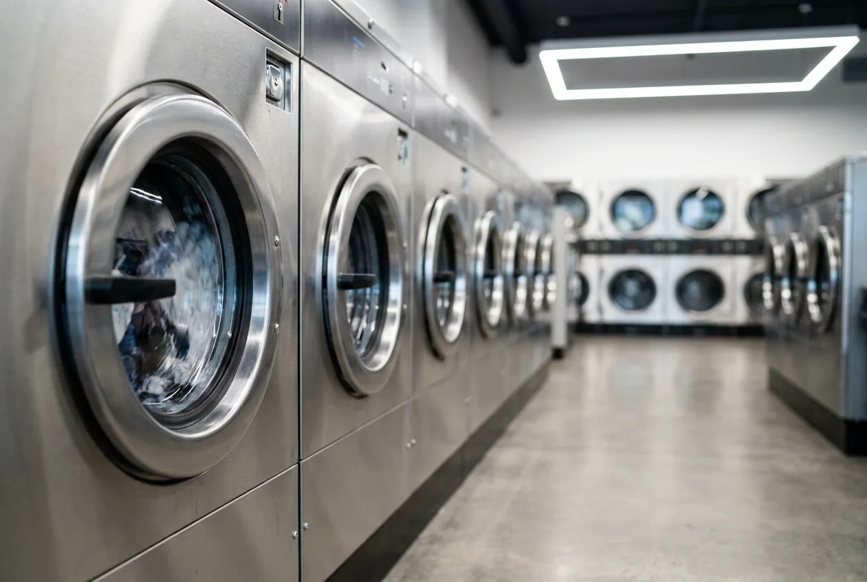 Row of modern high-efficiency front-load washers running in a bright laundromat