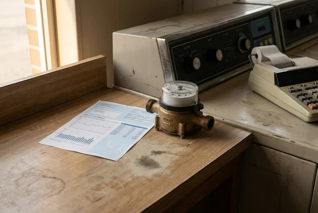 Water meter and utility bill on a counter beside a laundromat machine panel