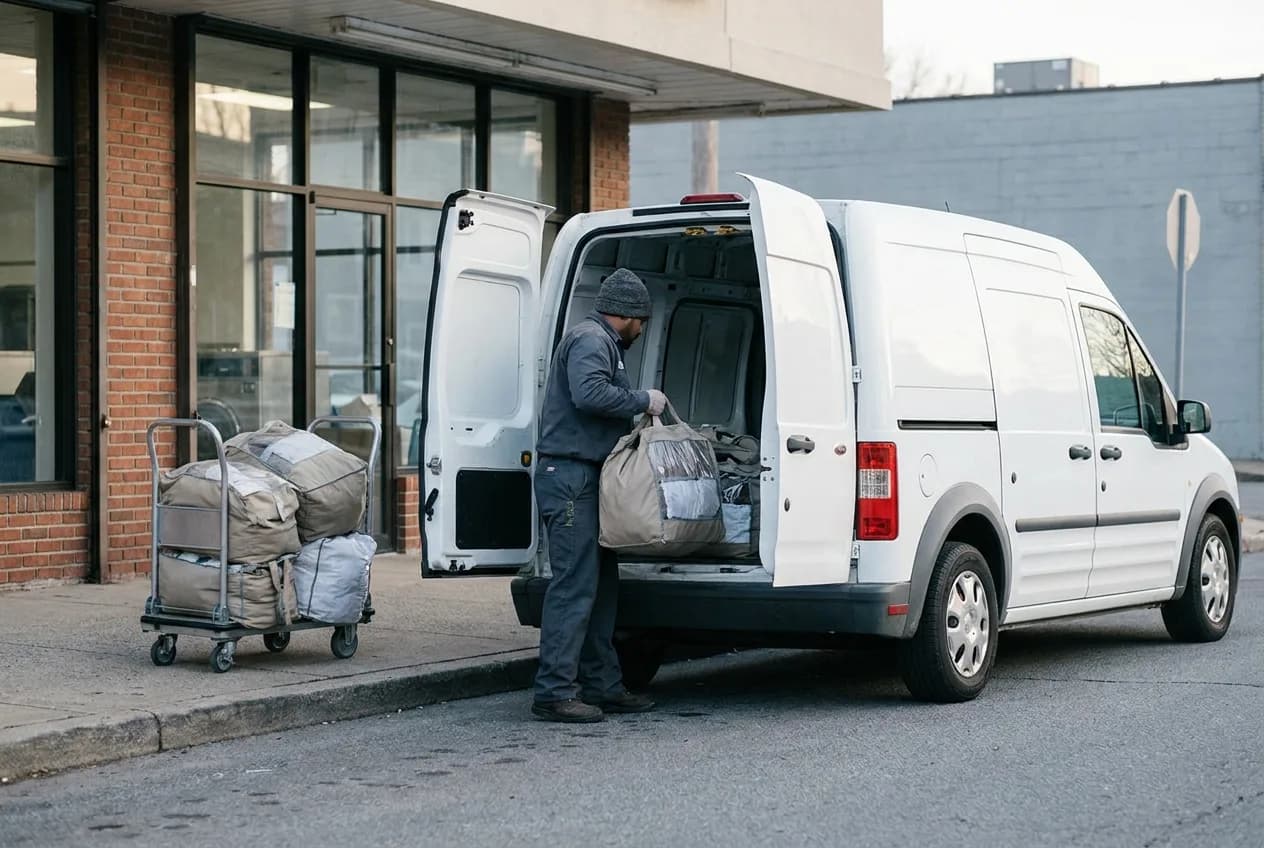Driver loading tagged laundry bags into a vehicle outside a laundromat