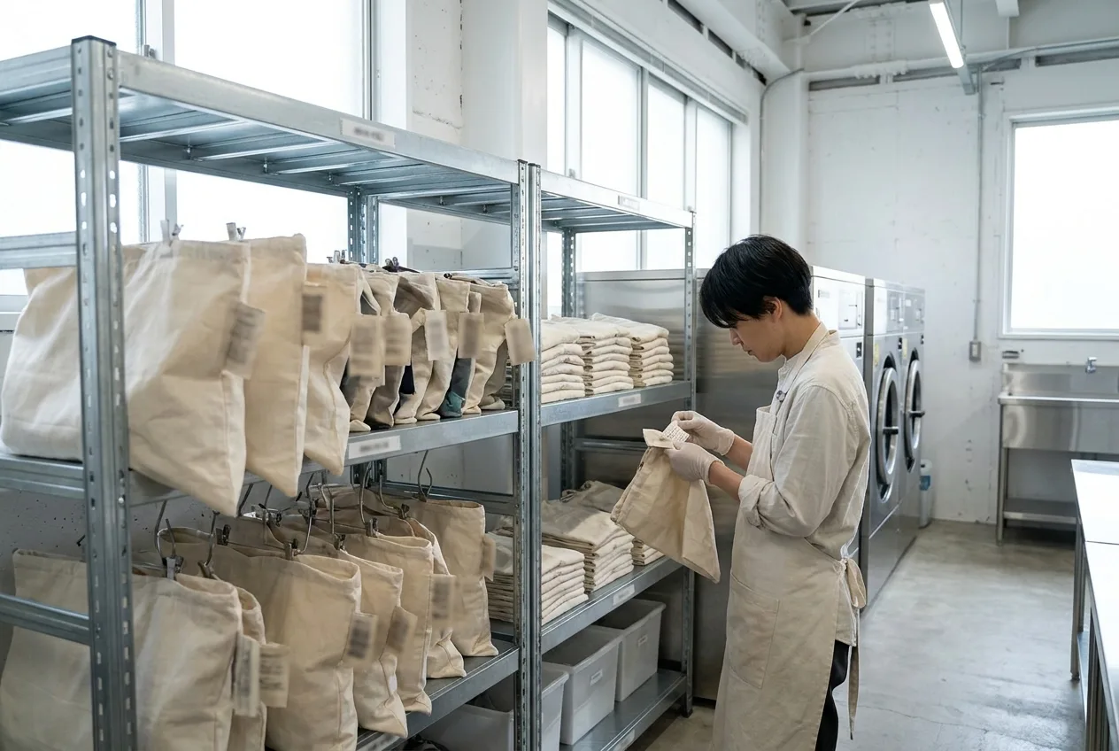 Attendant sorting labeled customer laundry bags on staging shelves inside a store