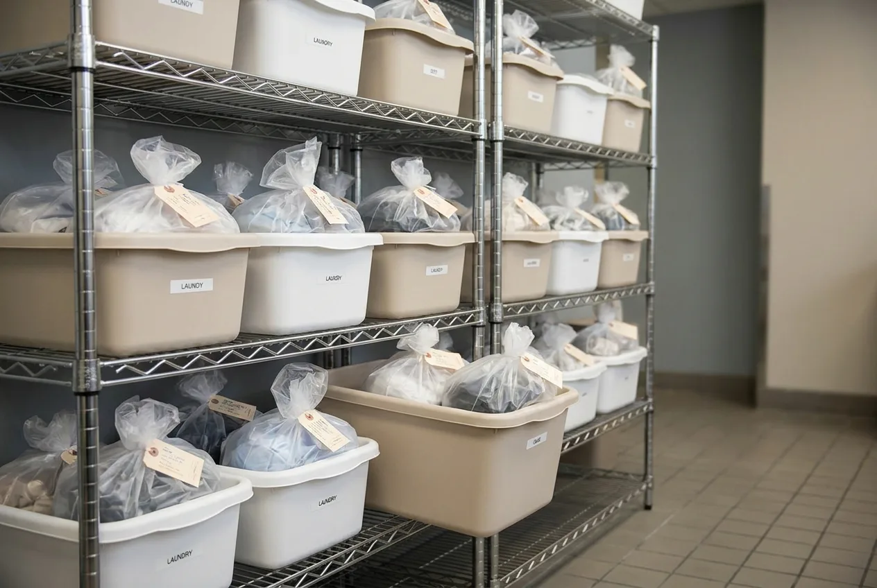 Labeled shelving holding tagged wash-and-fold orders waiting for pickup