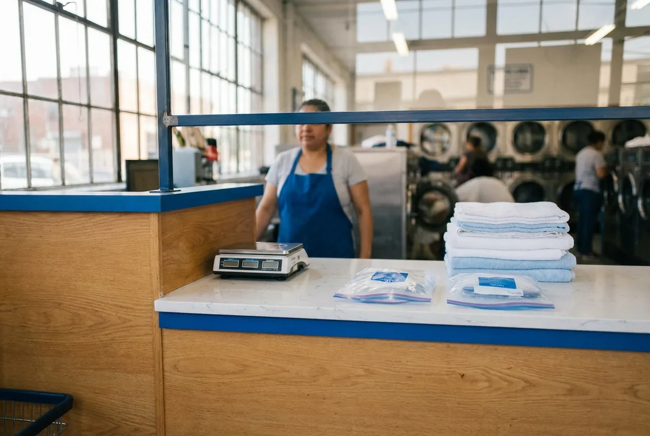 Bright laundromat counter with a scale and neatly bagged finished laundry orders