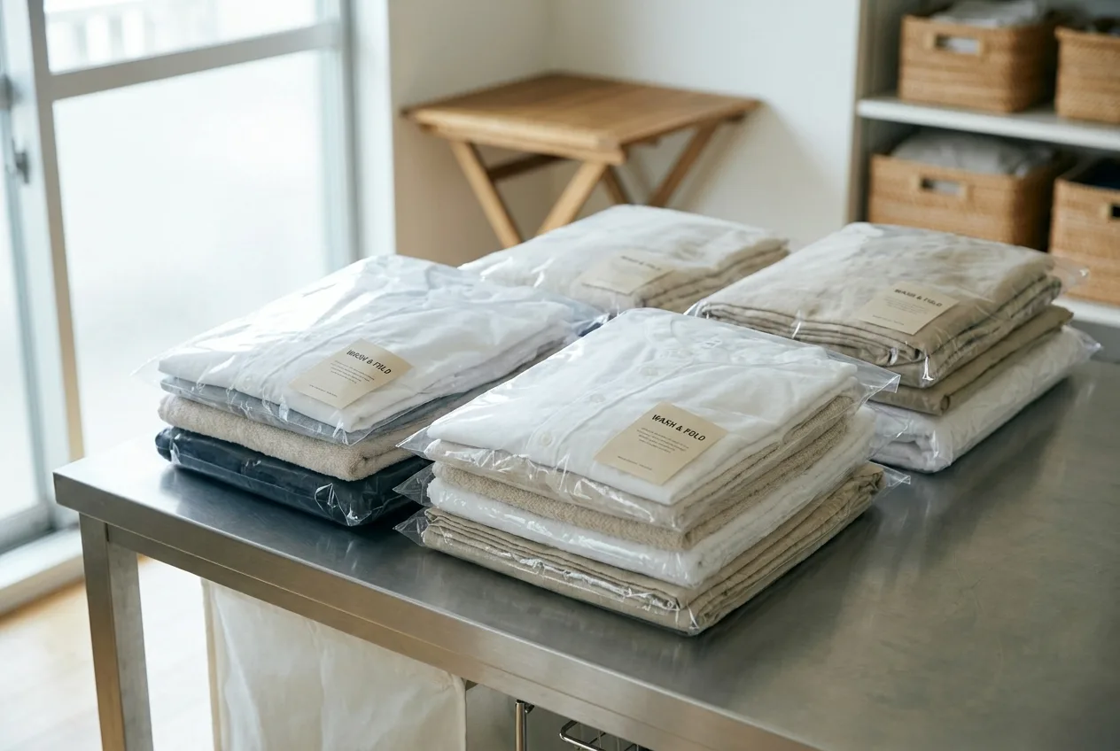 Neatly folded and packaged laundry orders ready for customer pickup on a counter
