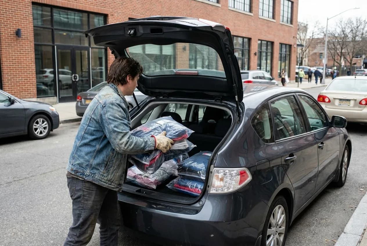 A driver loading bagged laundry orders into a vehicle for local delivery