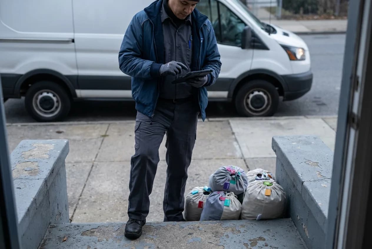Driver checking a route list beside laundry bags at a curbside stop
