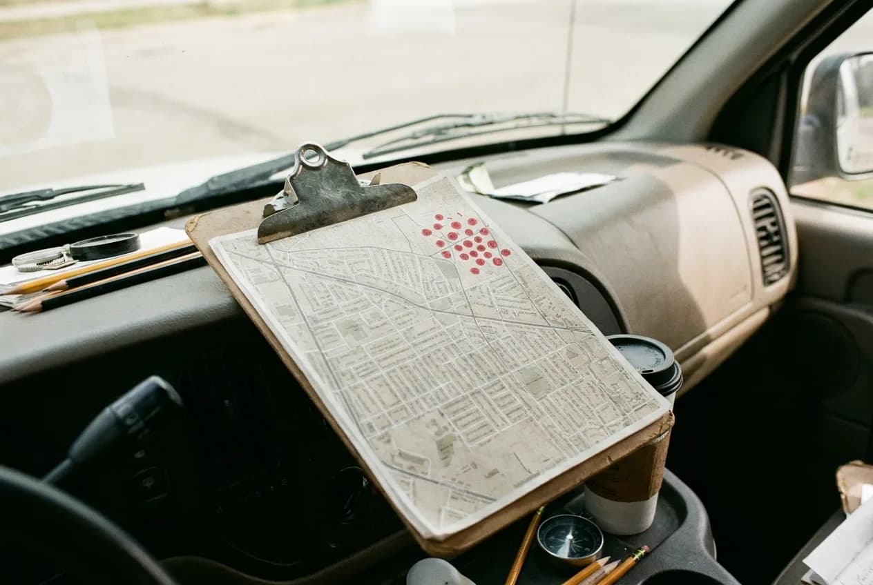 Neighborhood map with clustered delivery stops marked in one compact zone