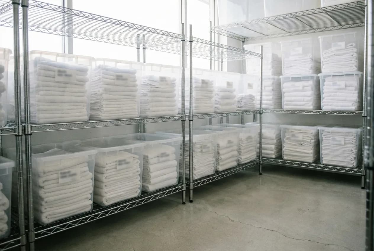 Stacks of clean folded commercial linens staged on shelving in a laundromat
