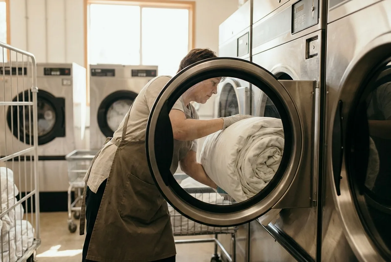 Attendant loading bulky linens into a large-capacity commercial washer