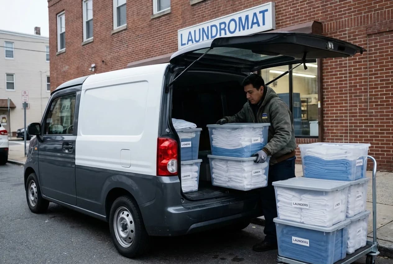 Delivery van being loaded with labeled bins of clean commercial linens