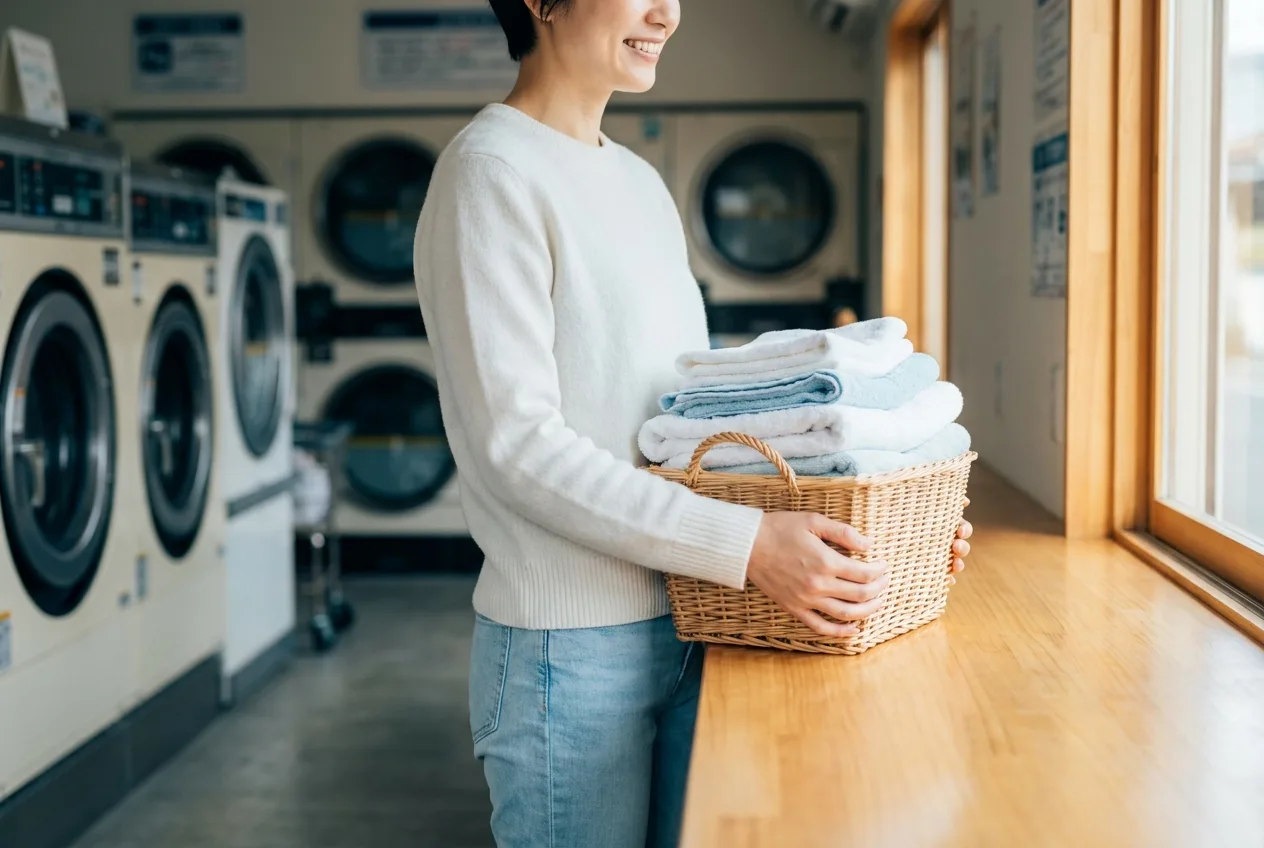 A satisfied customer holding folded laundry near a bright laundromat counter