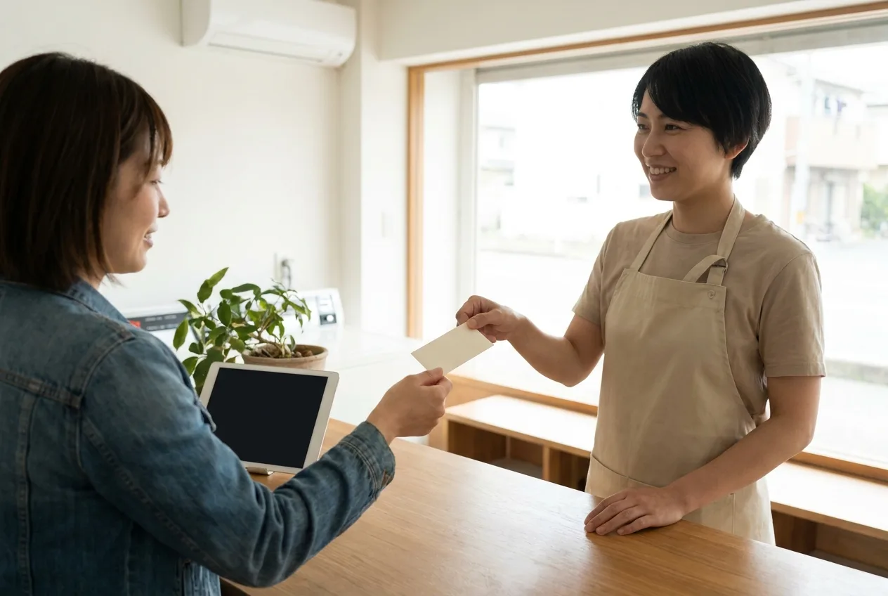 An attendant showing a customer a small card with a review link at the counter