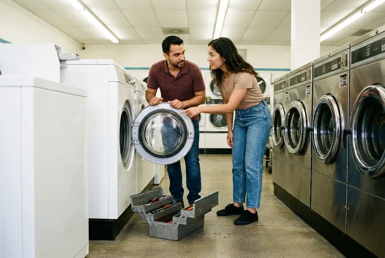 Laundromat owner and a repair technician looking at an out-of-order washer together
