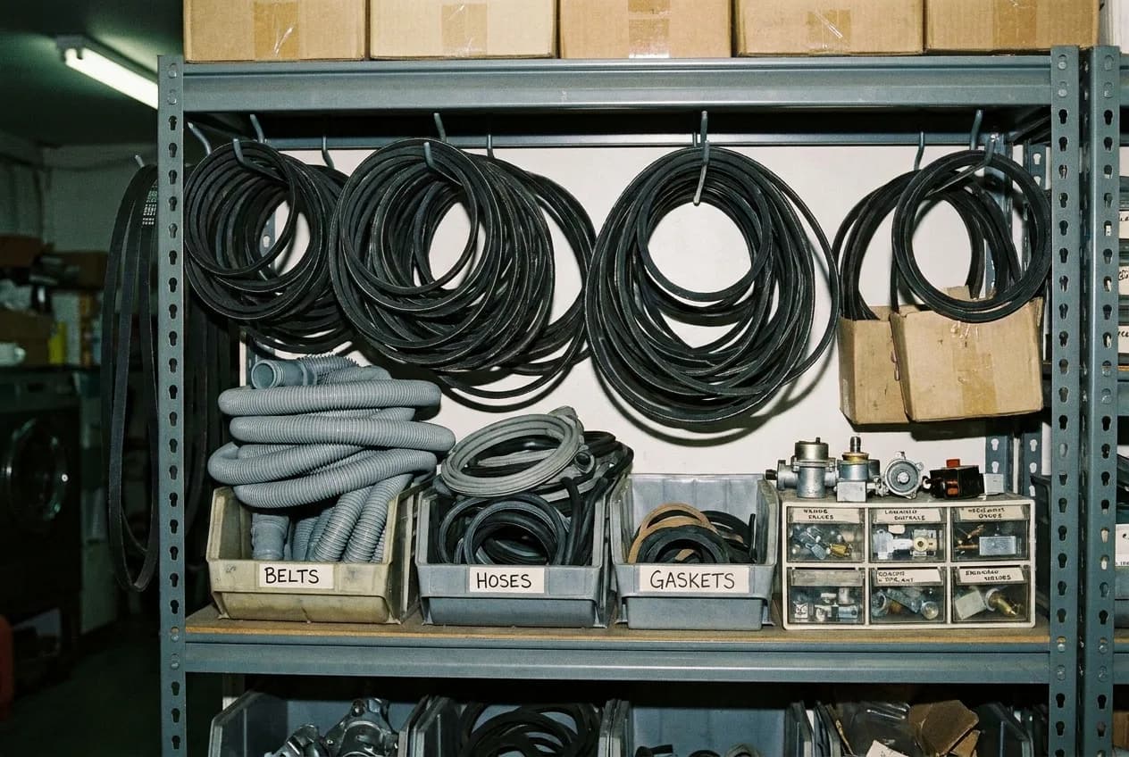Shelf of labeled laundromat spare parts including belts, hoses, and valves