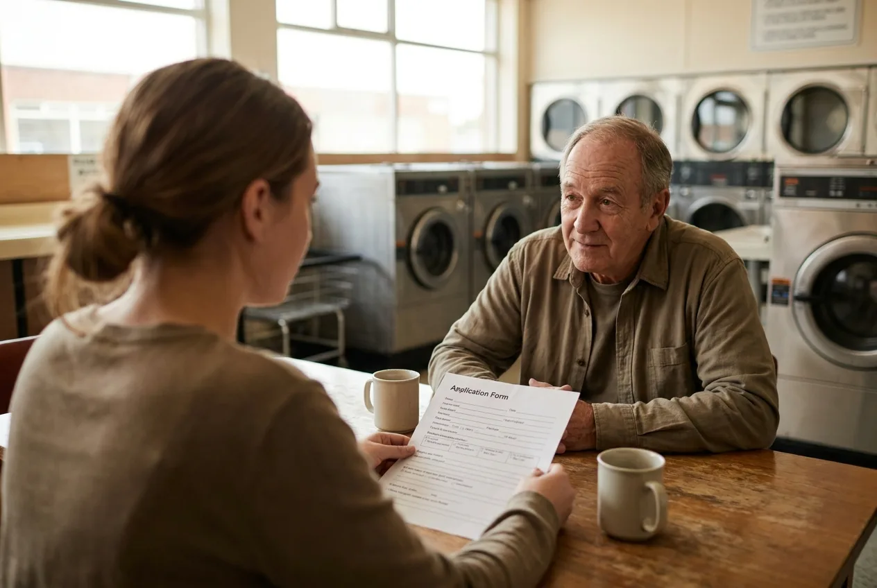 Owner interviewing a candidate at a small table inside a laundromat