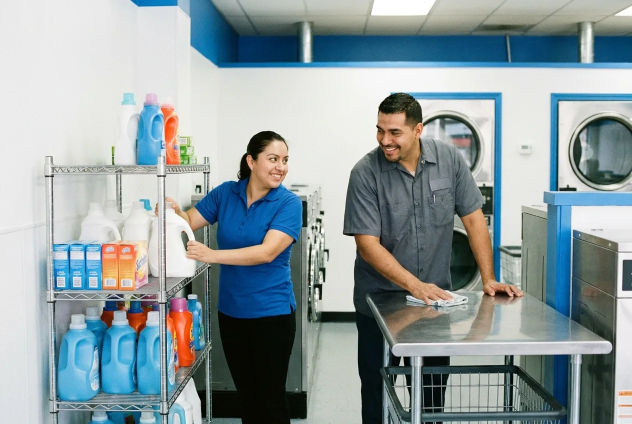 Two laundromat attendants restocking supplies and tidying a clean store