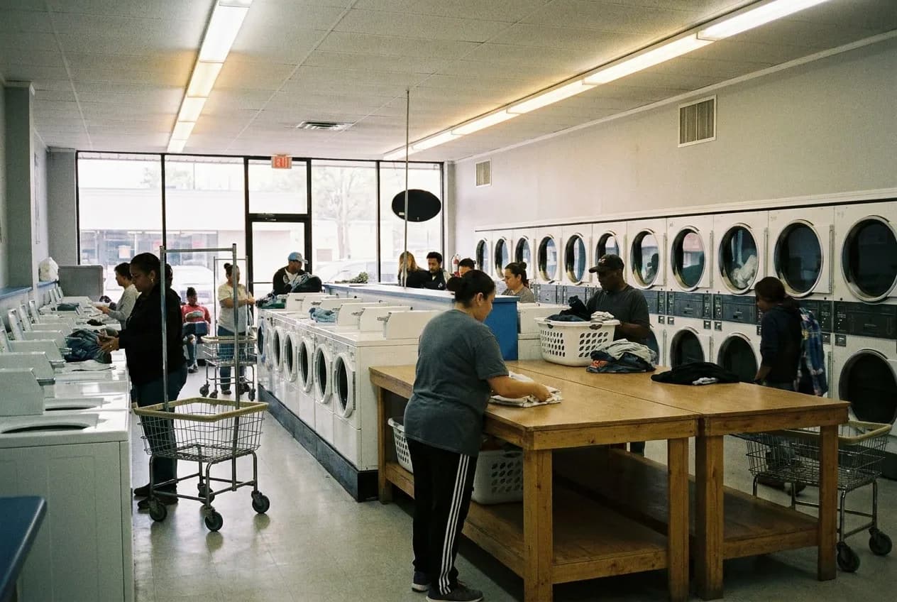 Busy laundromat with most washers running during a peak period