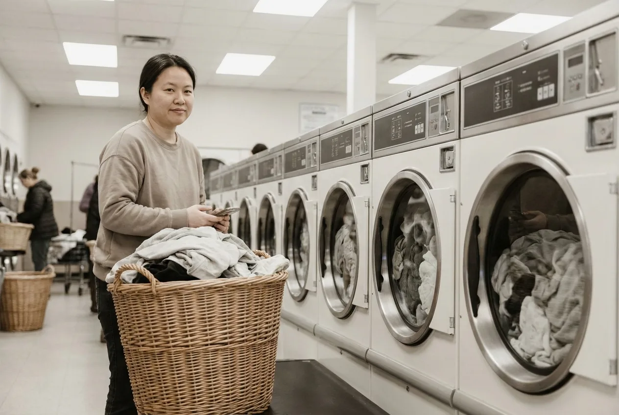 Customer waiting near full washers with a basket of laundry