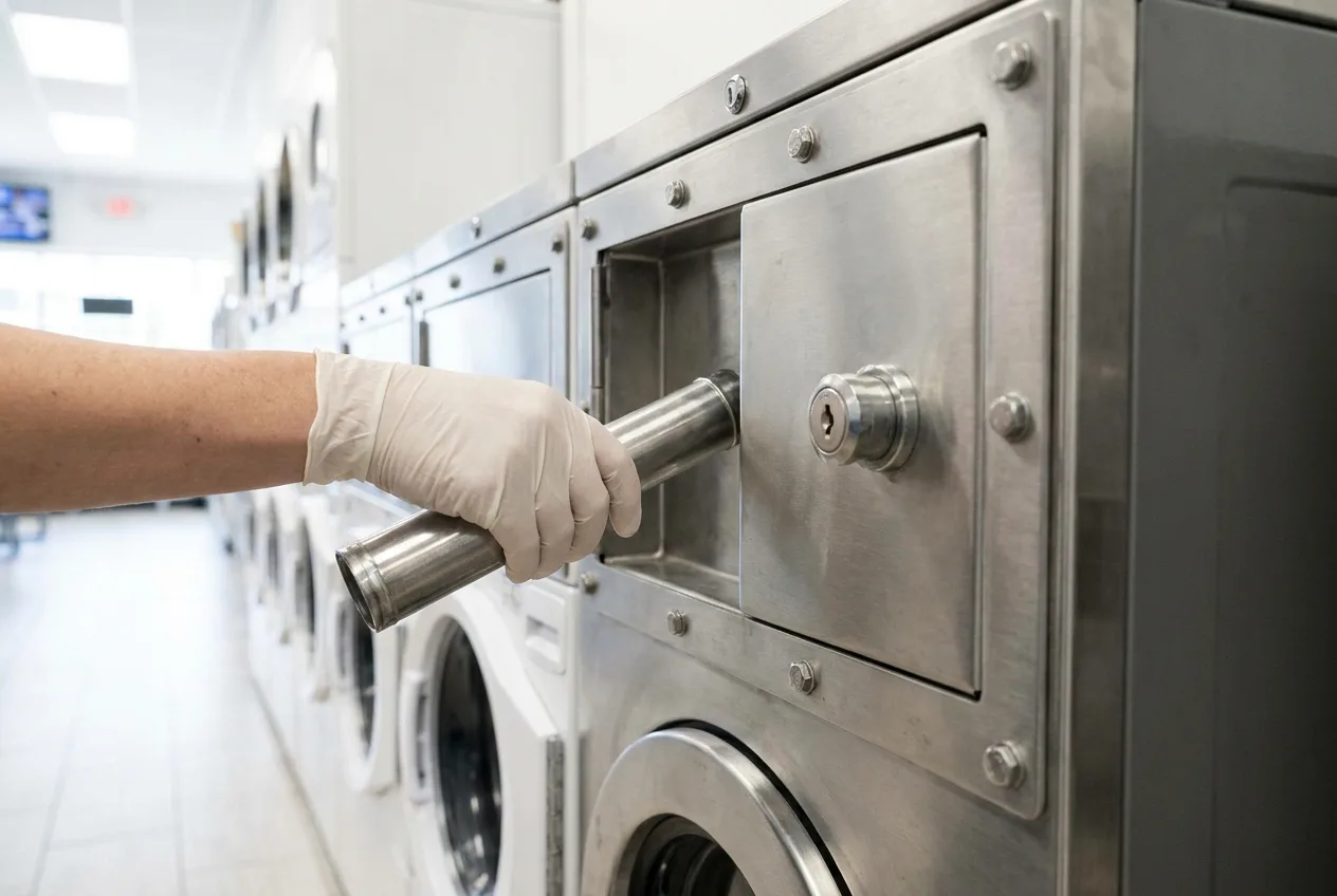 Reinforced coin collection vault on a commercial laundry machine bank