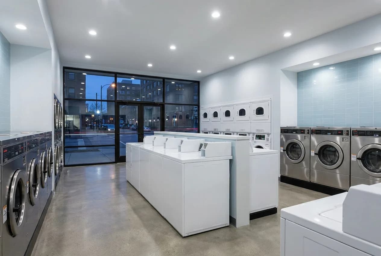 Bright empty laundromat interior at dusk with lighting reaching every corner