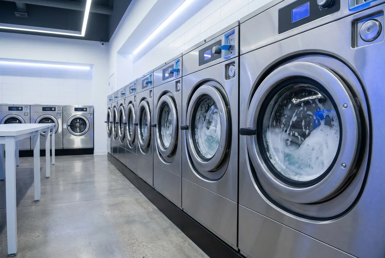 High-efficiency front-load washers running in a modern laundromat