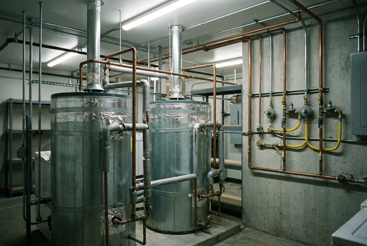 Commercial water heaters and gas connections in a laundromat utility room
