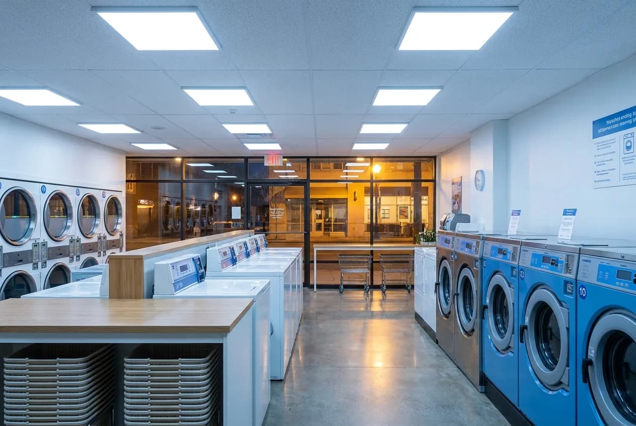 Bright LED-lit laundromat interior showing energy-efficient lighting