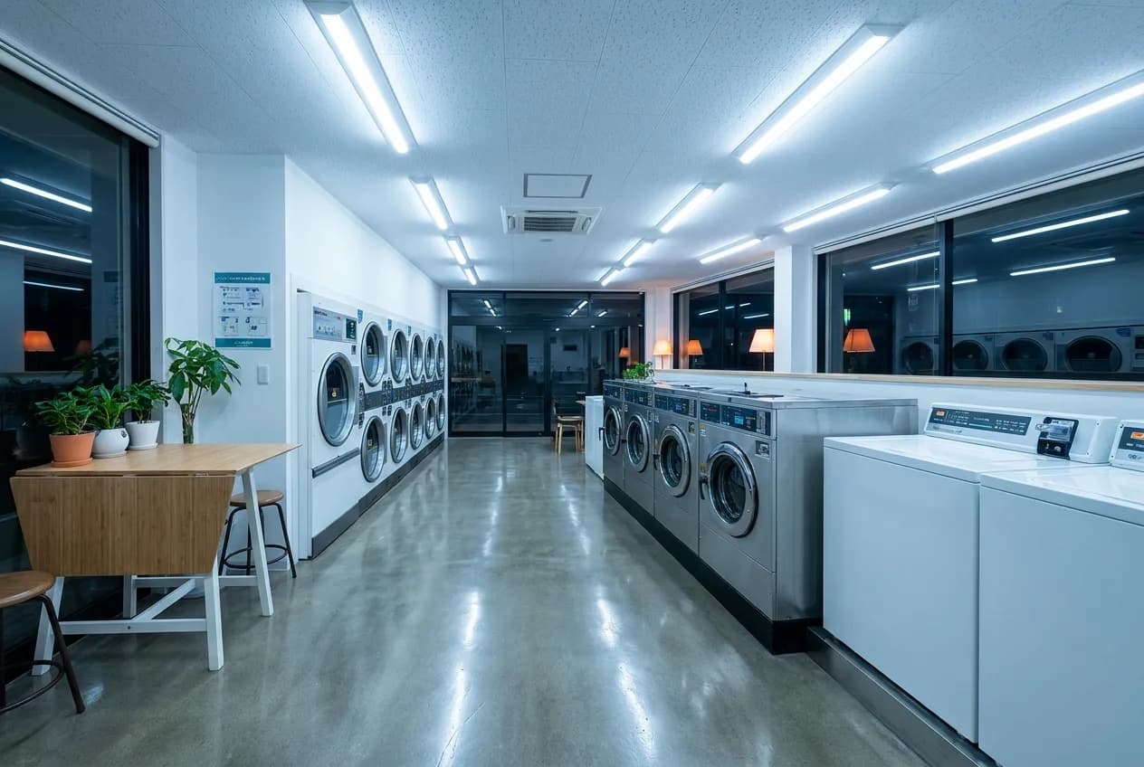 Well-lit clean laundromat interior at night with no customers present