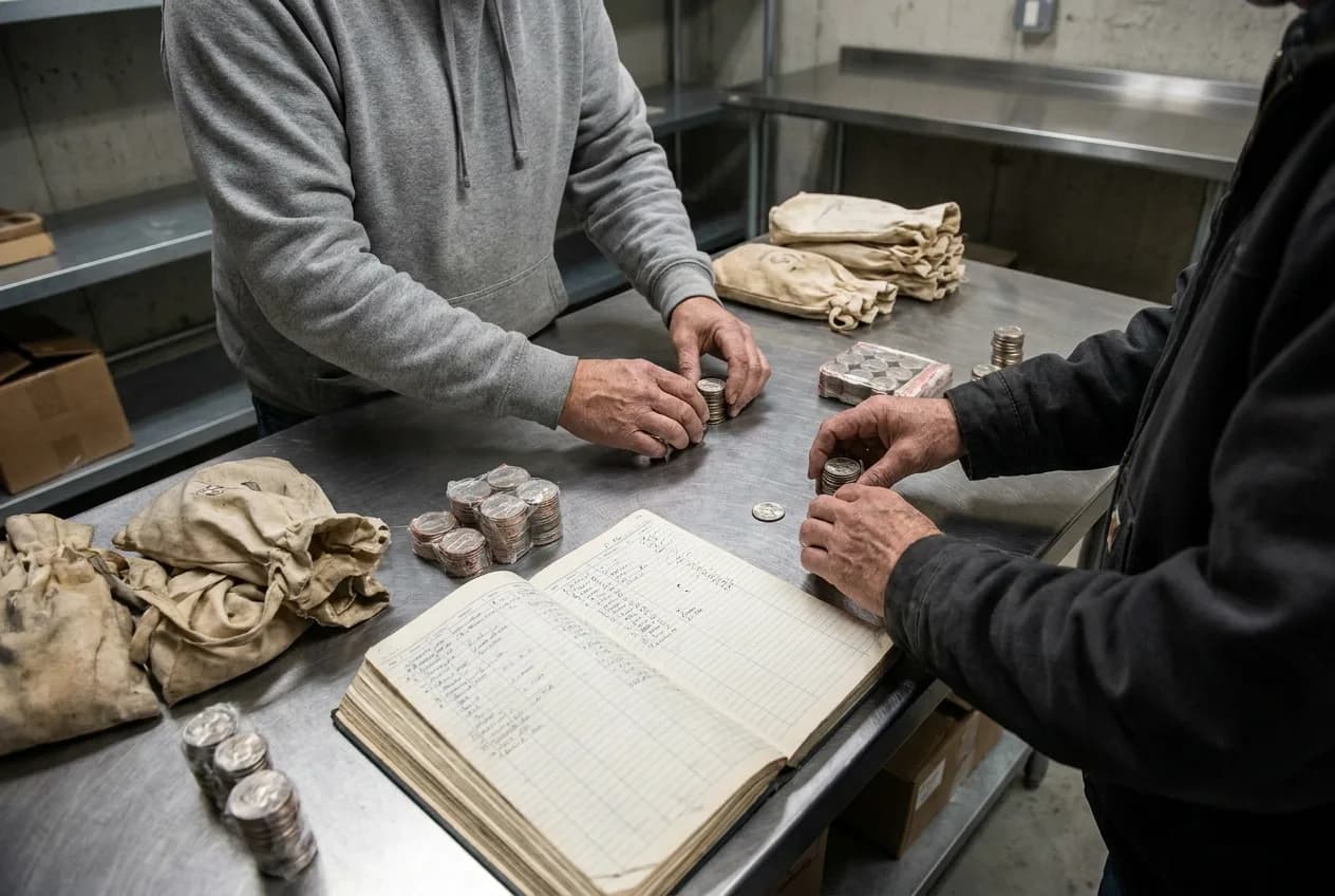 Two people counting coin under bright light at a secure back-room counting table