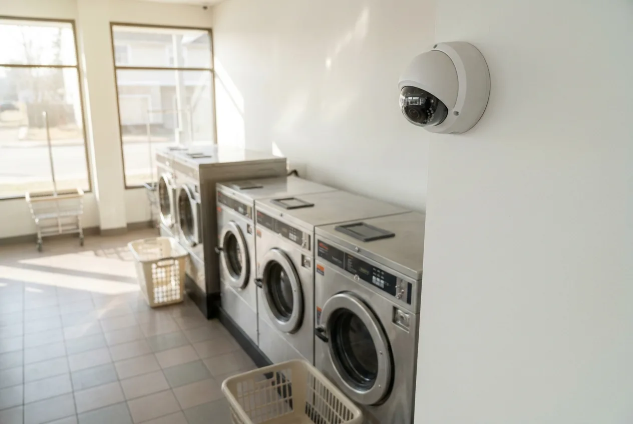 Wall-mounted security camera angled over a coin collection area in a laundromat