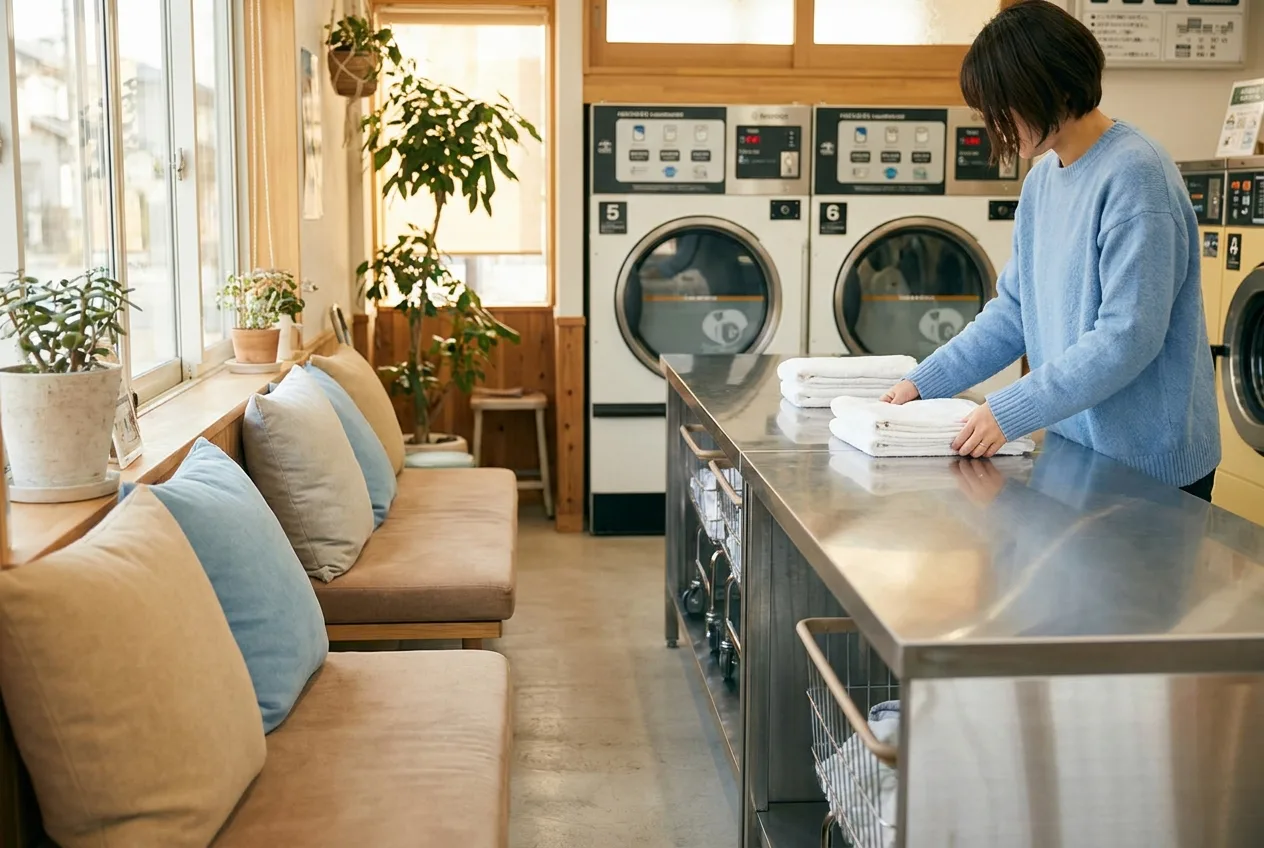 Comfortable seating and a long folding counter in a bright modern laundromat