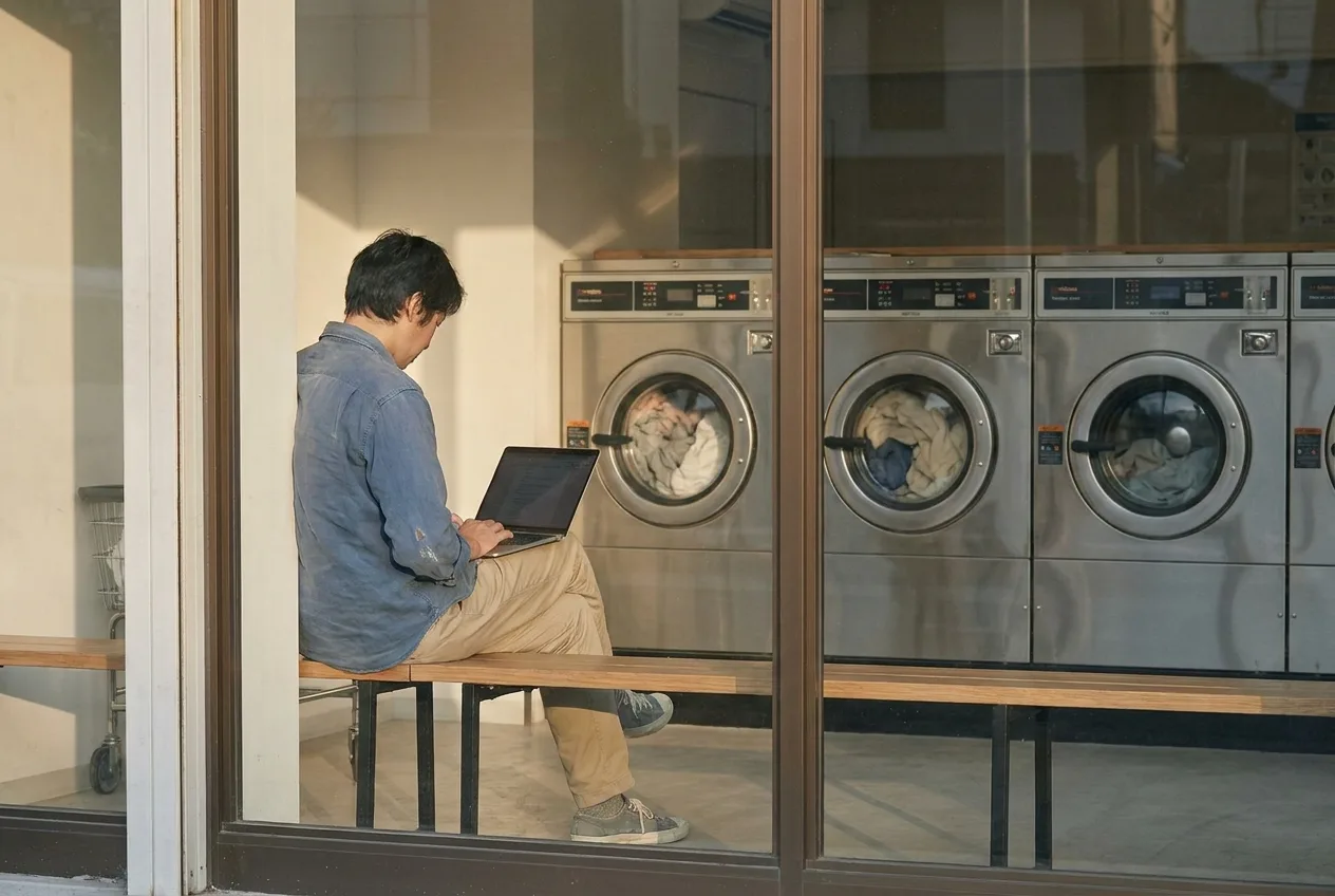 Customer using a laptop on free Wi-Fi while waiting at a laundromat