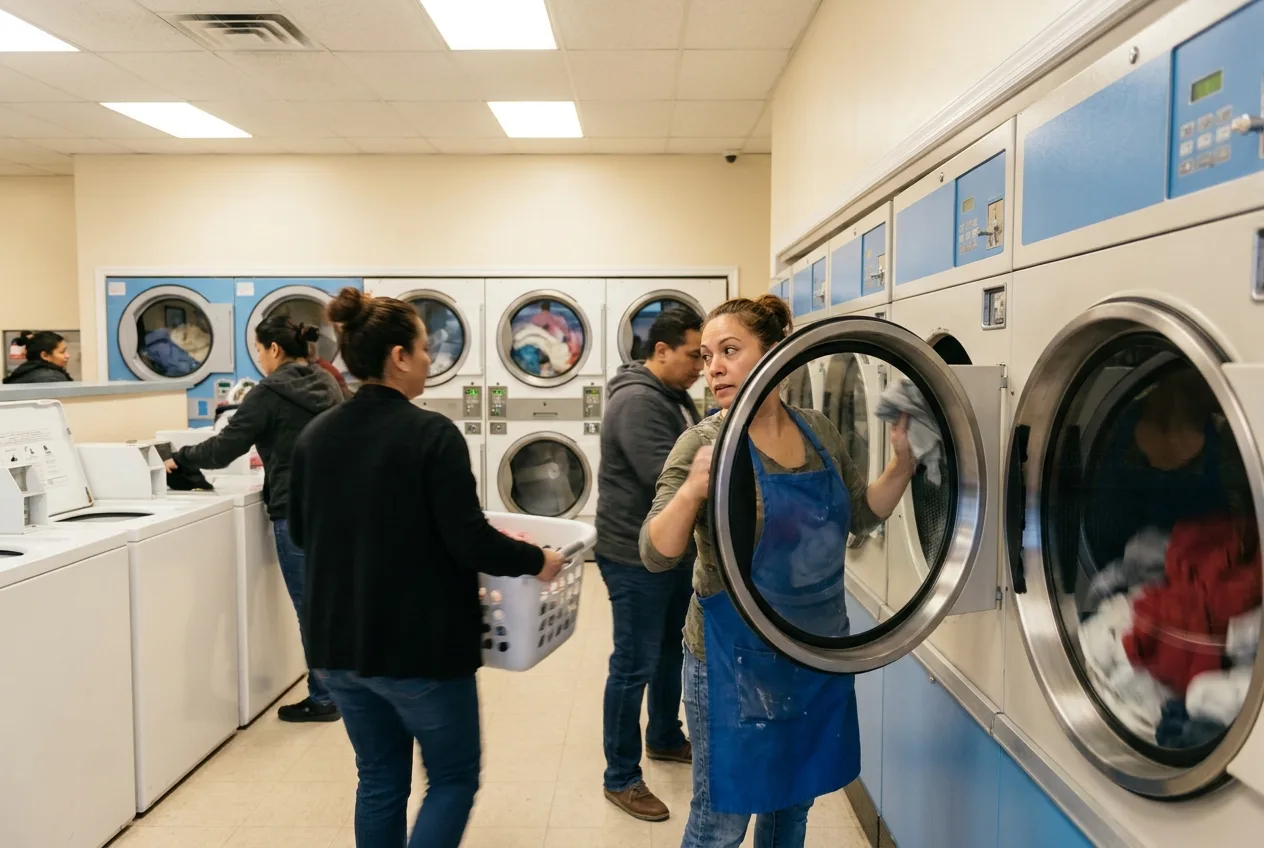 Laundromat attendant working during a busy peak-hour shift