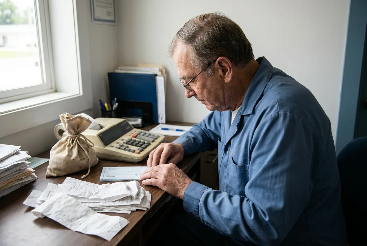 Laundromat owner at a small office desk sorting collection receipts and a deposit slip