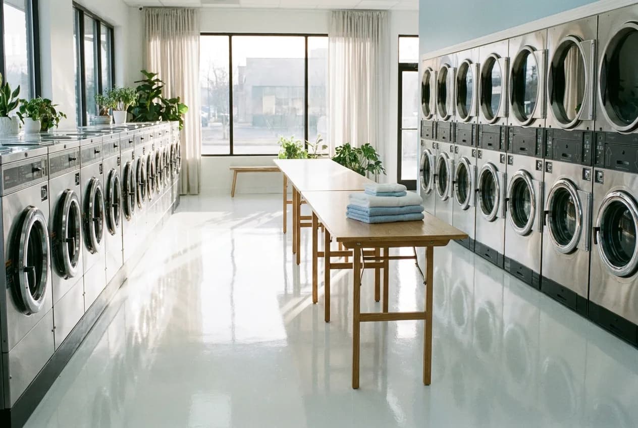 Bright spotless laundromat interior with clean floors and tidy folding tables