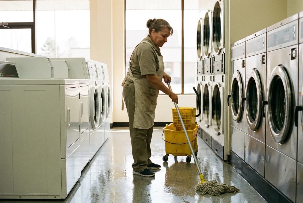 Attendant mopping the floor of a clean well-lit laundromat