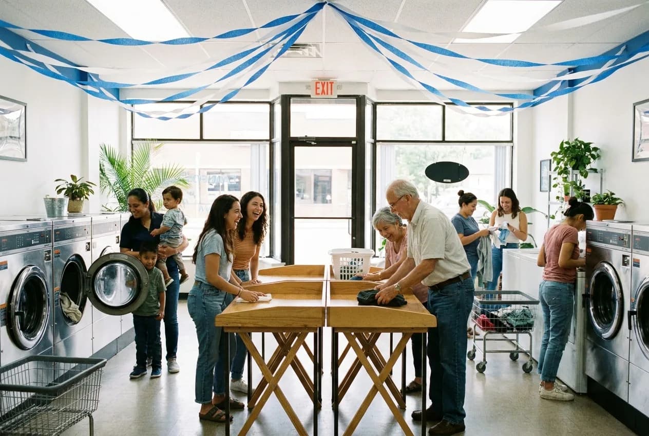 A busy laundromat on its opening day with customers trying the machines